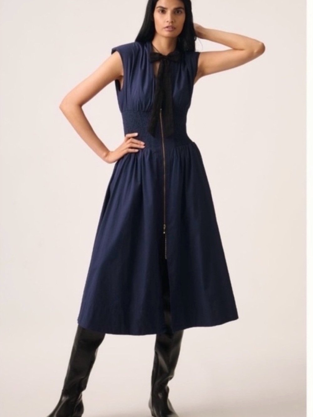 1X Anthropologie Maeve Tommie Cap-Sleeve Smocked Front-Zip Dress in Navy Blue